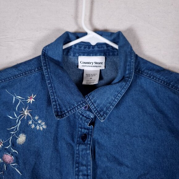 Country Store Floral Embroidered Blue Denim Shirt Womens 2X Long Sleeve Boho - Picture 7 of 16